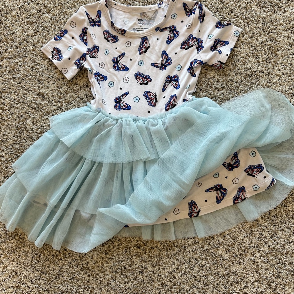Girls' Butterfly Bamboo Print Light Blue Tulle Casual Dress